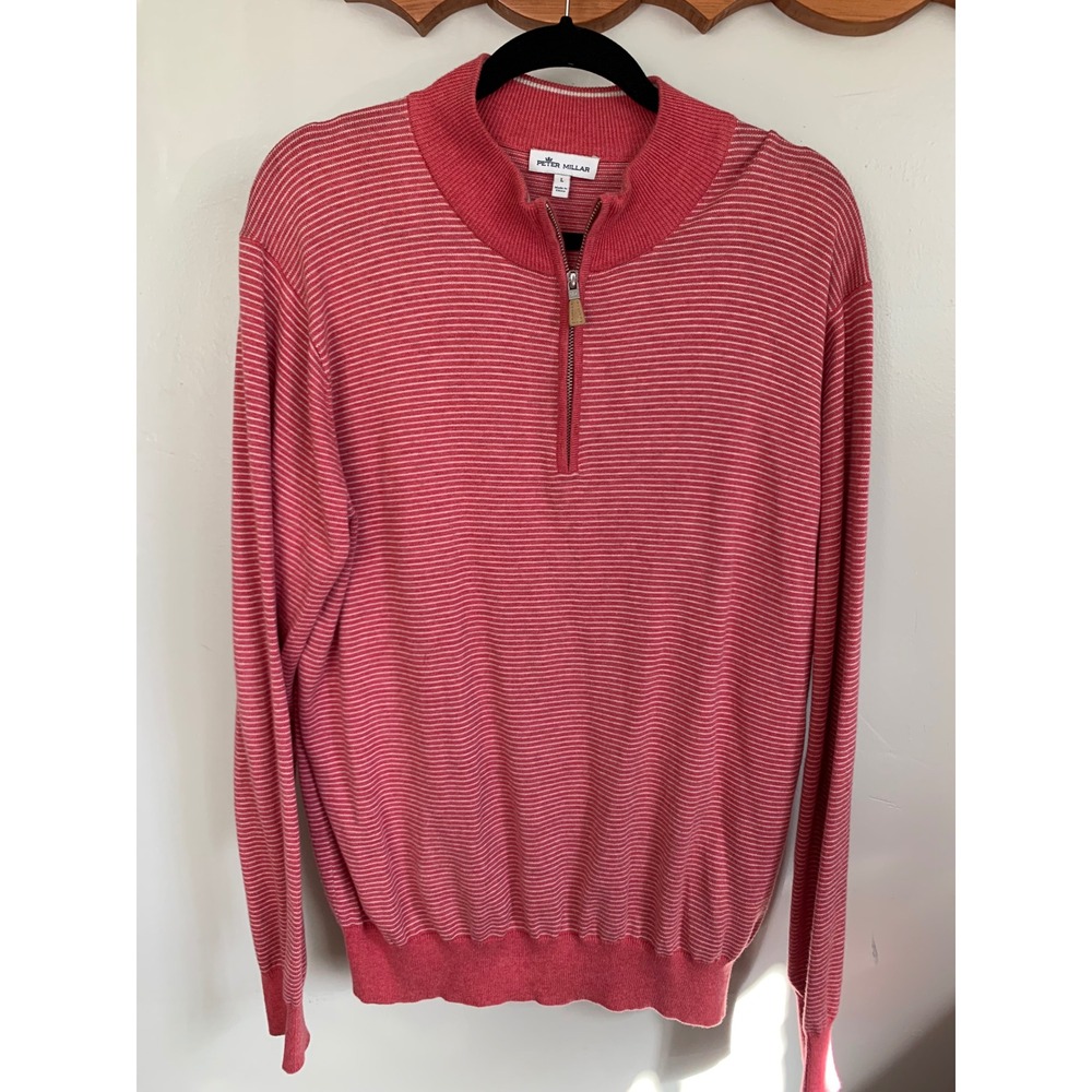 Peter Millar Mens Large Pima Cotton Silk Cashmere 1/4 Zip Striped Sweater Pink